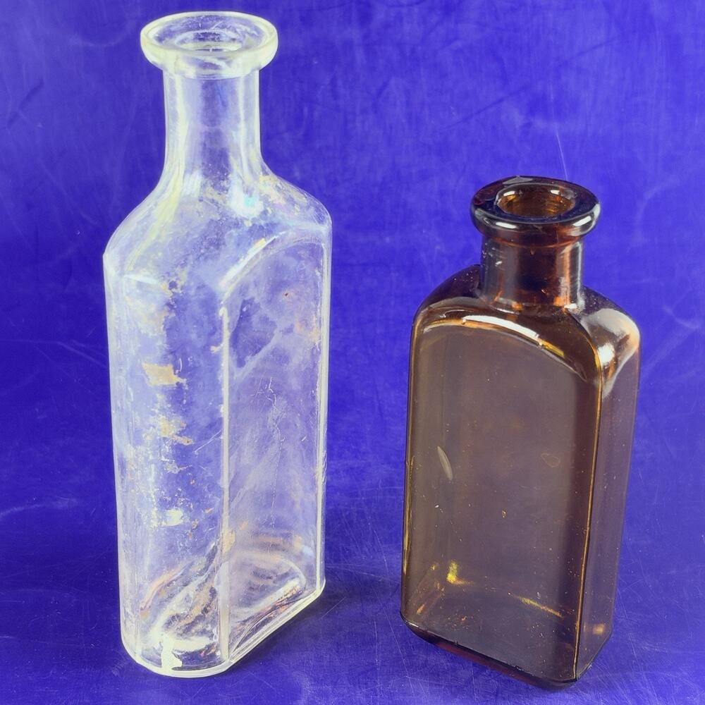 Antique Druggist Apothecary Bottles Lot 2 Amber Iridescent Dug Clear Glass